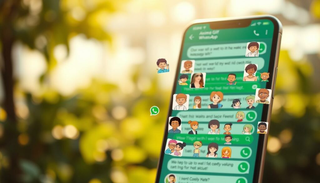 An immersive scene of WhatsApp's animated GIF feature in action. A vibrant, modern-looking WhatsApp chat interface fills the foreground, with playful, expressive GIFs occupying the center stage. The GIFs showcase a diverse range of emotions and interactions, seamlessly integrated into the conversational flow. The background is softly blurred, keeping the focus on the engaging GIF animations. Warm, natural lighting bathes the scene, creating a welcoming and relatable atmosphere. The overall composition conveys the joy, versatility, and seamless integration of animated GIFs within the familiar WhatsApp messaging experience.