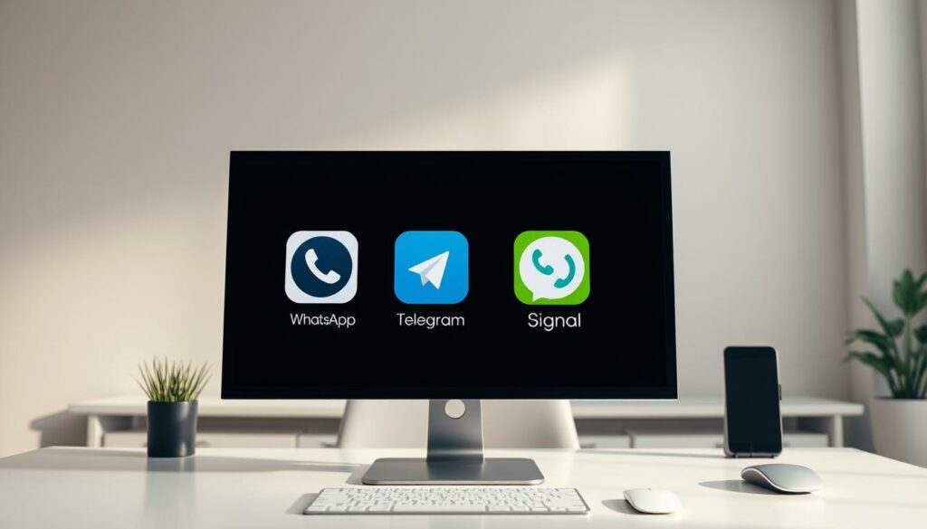 An office desktop with a variety of messaging app icons, including WhatsApp, Telegram, and Signal, displayed prominently on the screen. The icons are arranged in a grid-like fashion, suggesting a comparison between the different options. The background is a clean, minimalist workspace with a neutral color palette, creating a professional and organized atmosphere. Soft, directional lighting illuminates the scene, casting subtle shadows and highlights to accentuate the details of the apps. The overall composition conveys a sense of choice and decision-making, inviting the viewer to explore alternative messaging solutions beyond the traditional WhatsApp experience.