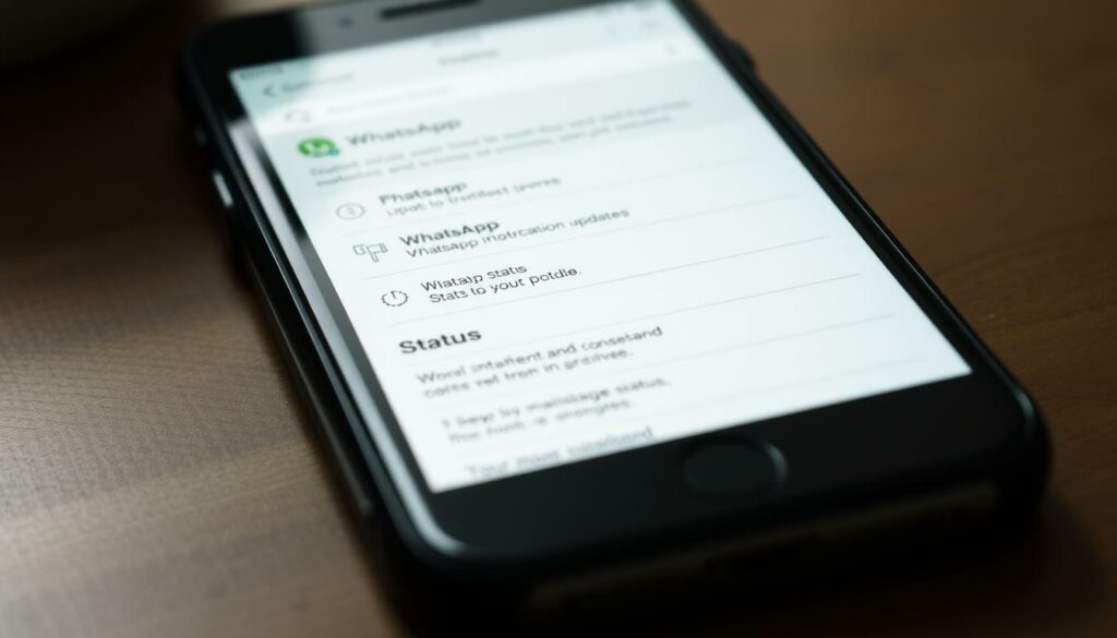 Closeup view of a smartphone screen displaying the WhatsApp settings menu, with a soft, natural lighting illuminating the interface. The screen shows the various configuration options, with the user's focus drawn to the "Status" section. The layout is clean and minimal, reflecting the professional and functional nature of the task at hand. The scene conveys a sense of efficiency and problem-solving, setting the stage for the article's content about optimizing WhatsApp status updates.