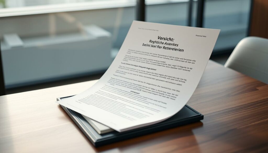 Detailed legal notice for digital communication, displayed on a professional office desk. The document has a formal, authoritative appearance, with a clean, minimalist design. The desk is made of sleek, dark wood, and is positioned in front of a blurred, out-of-focus window, suggesting a modern, corporate setting. Soft, directional lighting illuminates the document, creating a sense of importance and attention to detail. The overall mood is one of seriousness and attention to legal compliance, reflecting the section title "Vorsicht: Rechtliche Aspekte beim Weiterleiten".