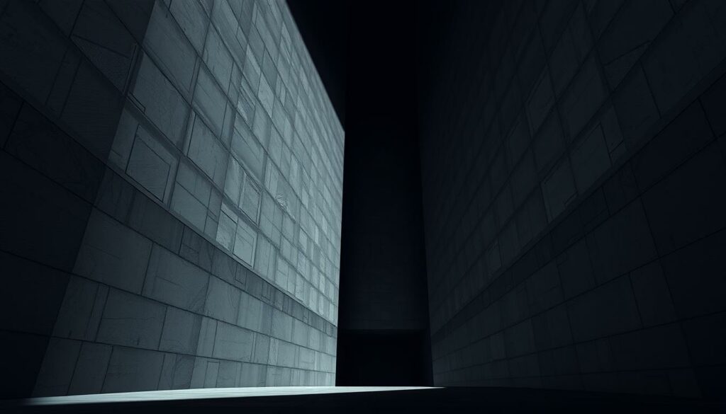 Imposing architectural structure with stark, minimalist lines and shadowy corners, symbolizing the constraints and limitations of data privacy safeguards. A high-contrast chiaroscuro lighting illuminates the rigid, angular design, creating a sense of unease and confinement. Intricate geometric patterns on the surfaces suggest the complex web of digital security protocols, while the overall composition conveys a foreboding, oppressive atmosphere. The scene is captured from a low, slightly elevated vantage point, emphasizing the towering, overbearing nature of the subject matter. Muted color palette of grays, blacks, and deep blues heightens the somber, restrictive mood.