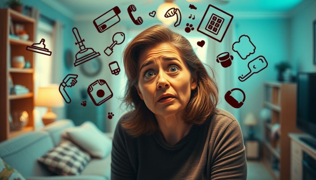 Kreative Haushaltsausreden: a whimsical scene of a family home, with a harried mother in the foreground, surrounded by a swirling cloud of excuses - a broken vacuum, a leaky faucet, a ringing phone, a pet emergency. The lighting is soft and diffused, creating a cozy, domestic atmosphere. The background is slightly blurred, hinting at the busy chaos of everyday life. The composition draws the viewer's eye to the mother's exasperated expression, capturing the relatable struggle of avoiding household chores. The overall tone is humorous and lighthearted, reflecting the playful nature of the "Ausreden für Eltern" theme.
