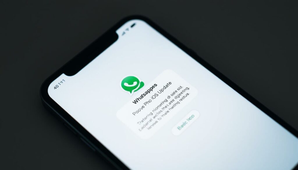 Prompt A sleek, modern iPhone screen displaying the WhatsApp app, with a prominent iOS update notification prominently featured. The interface is clean and minimalist, showcasing the latest design language of iOS. The app icons are crisp and vibrant, inviting the user to explore the updated features. Soft, diffused lighting creates a serene, inviting atmosphere, drawing the viewer's attention to the update prompt. The overall composition is well-balanced, with the iPhone device taking up the majority of the frame, allowing the user to focus on the update details. The image conveys a sense of technology, connectivity, and the seamless integration of WhatsApp into the iOS ecosystem.