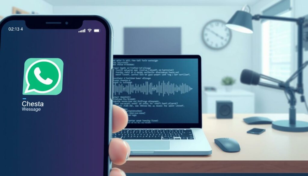 Transkriptionen Sprachnachrichten: A detailed digital illustration showcasing the process of transcribing voice messages. In the foreground, a smartphone screen displays a WhatsApp chat, with a voice message icon prominently featured. The middle ground reveals a series of text blocks and waveforms, representing the transcription of the audio message. The background depicts a clean, minimalist workspace with a laptop, microphone, and other office accessories, suggesting the technological tools used for this task. The overall scene conveys a sense of efficiency and productivity, with a color palette of cool tones and muted hues to create a professional, tech-savvy atmosphere. Lighting is soft and diffused, accentuating the digital elements and creating depth and dimensionality.