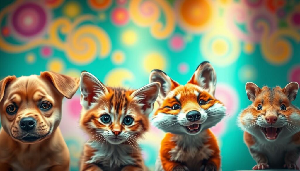 Whimsical animal portraits in a bright, playful style. A vibrant foreground with a variety of adorable, expressive animal faces - a mischievous puppy, a curious kitten, a sly fox, and a grinning hamster. The middle ground features a lush, colorful backdrop of swirling patterns and playful textures. Soft, diffused lighting illuminates the scene, creating a warm, inviting atmosphere. The composition is dynamic and engaging, drawing the viewer's eye to the charming animal subjects. An image that captures the fun, lighthearted spirit of amusing animal profile pictures for social media.