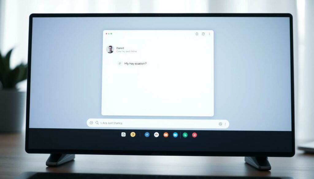 A group chat window displayed on a modern digital device, with users' online status indicators visible. The window is rendered in a clean, minimalist style with a soft, muted color palette. The background is slightly blurred, keeping the focus on the chat interface. The online status icons are clear and easy to interpret, conveying a sense of real-time communication and connection. The overall scene evokes a sense of efficient, unobtrusive digital collaboration.