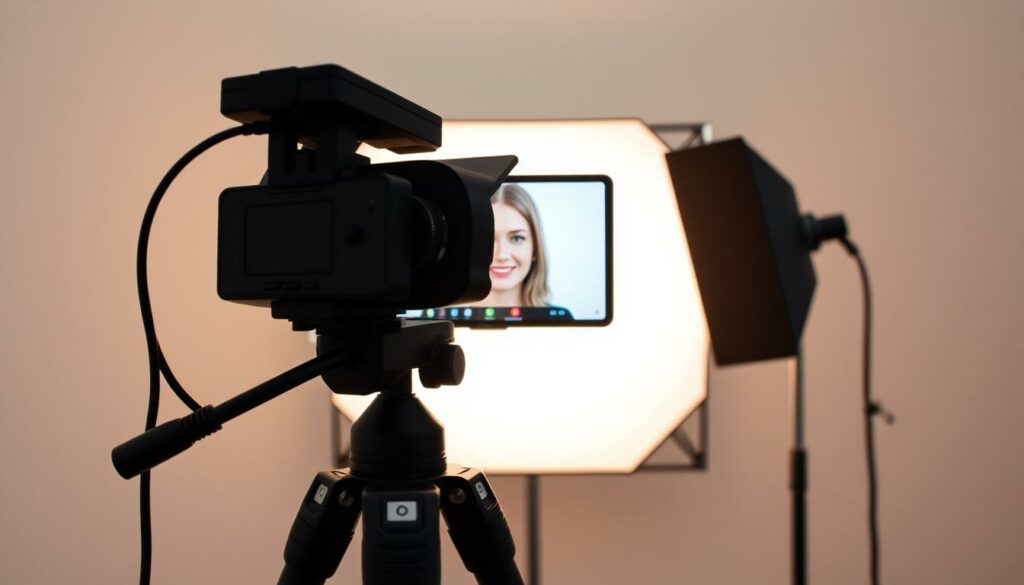 A high-definition video call setup with a professional-grade webcam, softbox lighting, and a sleek, minimalist backdrop. The camera is mounted on a sturdy tripod, angled slightly downward to capture the subject's upper body in a flattering perspective. The lighting is diffused and balanced, creating a warm, natural-looking glow on the subject's face. The background is a plain, neutral-colored wall, allowing the viewer to focus on the clarity and quality of the video feed. The overall scene conveys a sense of crisp, high-quality communication, perfect for a business or professional setting.