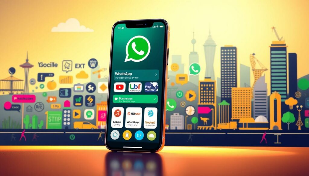 A vibrant, modern illustration showcasing the benefits of using WhatsApp for business discovery. In the foreground, a sleek smartphone displays the WhatsApp interface, highlighting various business channels and companies. The middle ground features a diverse array of business icons, logos, and symbols, representing the wide range of options available to users. The background presents a stylized cityscape, conveying the sense of a thriving, connected business environment. The lighting is soft and warm, creating a welcoming and approachable atmosphere. The overall composition emphasizes the ease, accessibility, and variety of discovering relevant businesses through the WhatsApp platform.