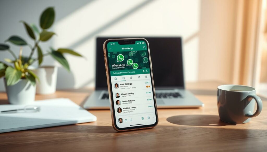 A vibrant, modern scene of a smartphone screen displaying various WhatsApp business profiles and channels. The screen is surrounded by a stylish, minimalist gray and white workspace setting, with a sleek laptop, a potted plant, and a mug of coffee on a wooden desk. Soft, natural lighting illuminates the scene, casting warm shadows and highlights. The overall mood is one of productivity, discovery, and digital engagement. The image conveys the idea of finding relevant businesses and communities on the WhatsApp platform to connect with.